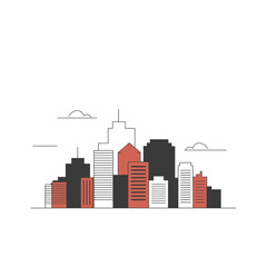 Obraz premium Skyscraper city skyline design features minimalist architectural building silhouettes and floating cloud icons for modern metropolitan real estate branding projects.