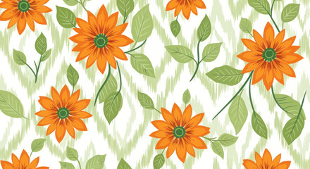 Vibrant Orange Flowers with Green Leaves on Abstract Ikat Background Pattern