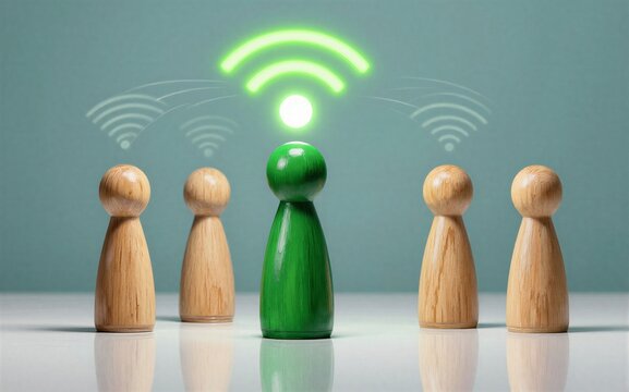 Green figure connects with wireless signal others stand nearby.