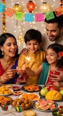 Fototapeta premium Indian family celebrating diwali festival lighting sparklers