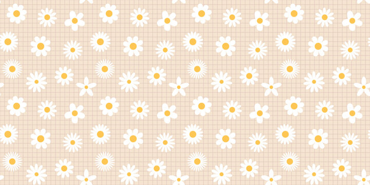 Cute vector daisy flowers on grid background, summer floral design for textile and wrapping paper