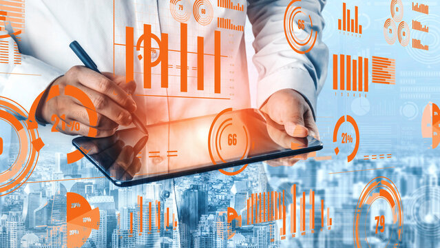 A business analyst engages with a tablet, analyzing dynamic data visualizations. The modern cityscape creates a vibrant backdrop, encapsulating the intersection of technology and finance. Xenic