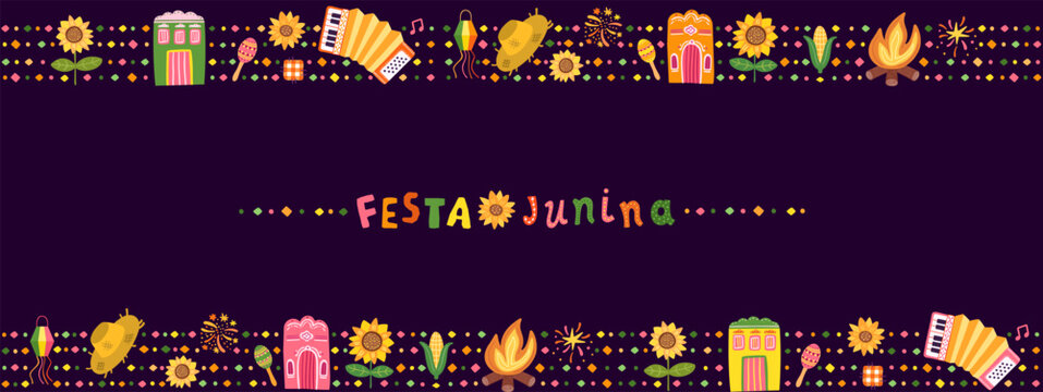 Festa Junina horizontal vector banner - Brazilian festival border, background with text and graphics - sunflower, straw hat, accordion, corn