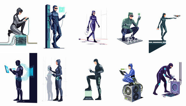 Set of futuristic cyber spies and hackers in sleek tech suits engaging in digital surveillance, data theft, and infiltration on a white background.