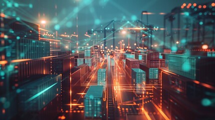 Obraz premium Logistics automation concept with containers and AI light patterns.