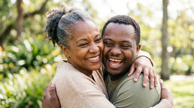 Happy African American mother and her adult son with Down syndrome embracing in a sunny park, family love, inclusive living, diversity.