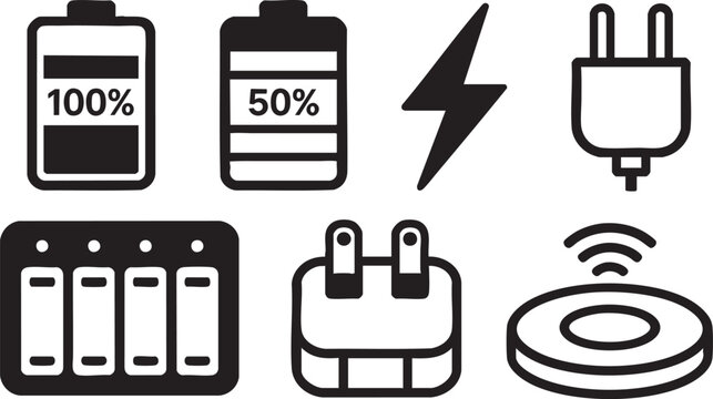 Battery Charging Icon Set Fast Charge, Electricity Plug, Wireless  Power Status
