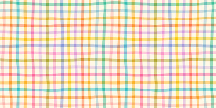 Colorful pastel summer gingham vector seamless pattern, irregular organic lines check background for fabric design