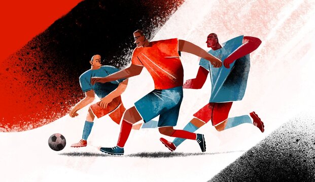 Football Player Dribbling the Ball While Surrounded by Two Opponents A