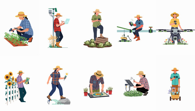 Flat vector set of farmers utilizing advanced smart agricultural technology, drones, and sensors for modern precision farming and data-driven crop management.