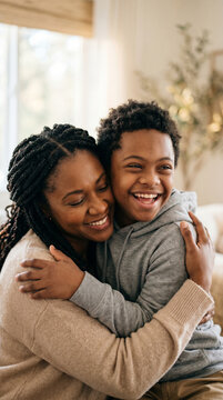 African American mother and her teenage son with Down syndrome sharing a happy hug at home, inclusive family environment.