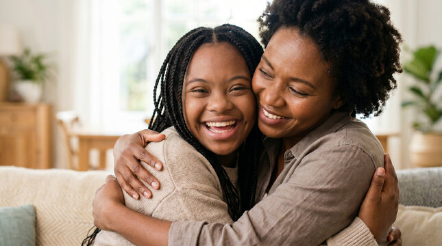 Joyful Black mother and her teenage daughter with Down syndrome sharing a warm embrace at home, inclusive society, family support.