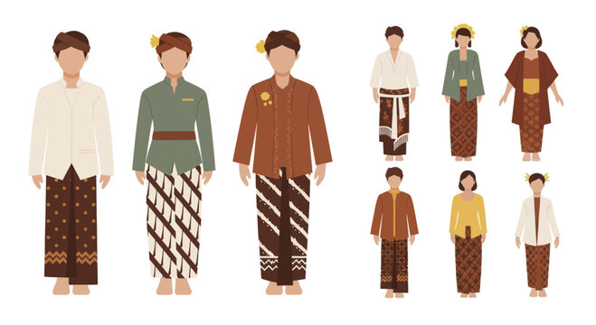 Diverse group of Indonesian men and women in traditional Javanese attire, showcasing cultural heritage.