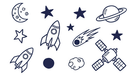 Hand drawn space elements collection with rockets planets and stars. © art.Co