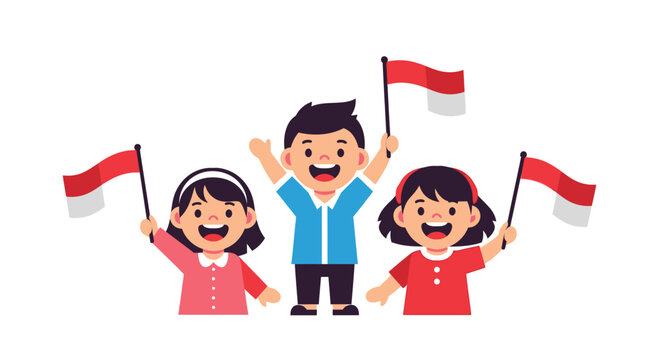 Children holding Indonesian flags smiling.