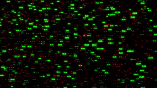A Dense Digital Visualization Of Glowing Green Financial Decimal Numbers And Small Red Indicator Dots Scattered Across A Deep Black Background, Suggesting A High-tech Stock Market Ticker Or Complex.