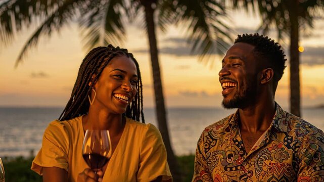 Romantic Seaside Moments: A couple share an intimate moment by the sea, filled with laughter and the warmth of a tropical sunset.