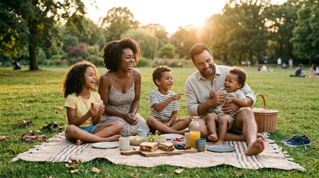 Happy multiethnic family enjoying a picnic in the park at sunset.