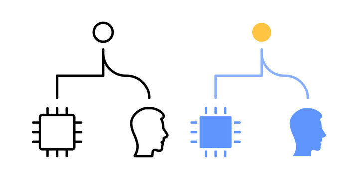 Dual decision path symbol. Single input splitting into straight and curved paths. AI versus human decision approach concept. Simple geometric illustration.