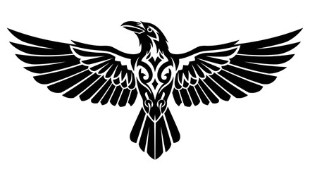 Obraz premium Stylized Black Raven with Intricate Tribal Patterns and Spread Wings.