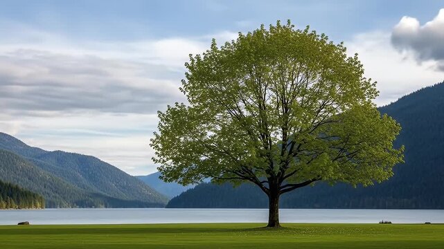 Lush Green Tree on a Meadow Near a Lake with Majestic Mountain Range