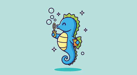 Cute cartoon seahorse blowing bubbles illustration. © NFS Studio