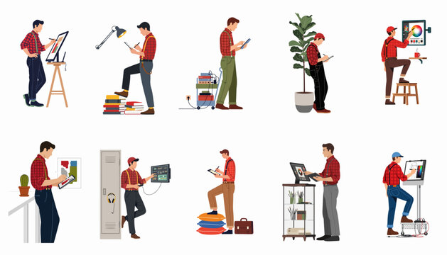 Collection of flat character illustrations showing male digital artists and designers working with technology and creative tools in various office and studio settings.