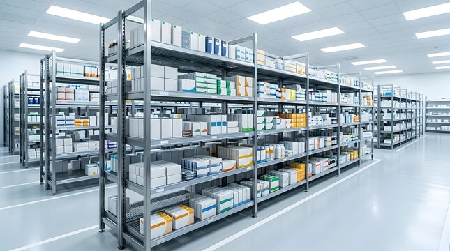 Modern pharmaceutical warehouse featuring stainless steel shelving units filled with organized medicine boxes in a bright sterile interior of a clinical laboratory storage facility.