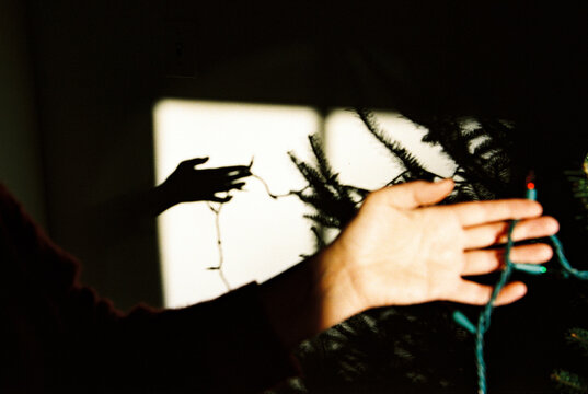 Abstract film photo of hand with Christmas Tree Lights