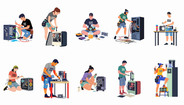 Flat vector illustrations of young people assembling, cleaning, and repairing custom desktop computers with various tools and components on a white background.