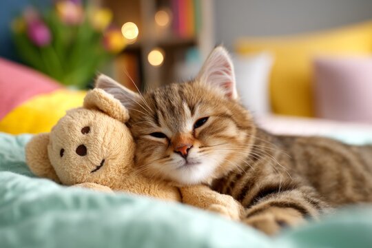 Cute kitten cuddling soft plush toy in cozy pastel bedroom scene with colorful decor