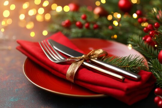 Elegant Holiday Table Setup with Luxurious Metallic Accents and Warm Reflective Lights