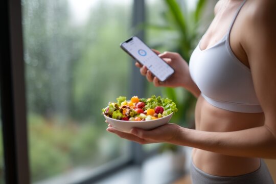 Minimalist Diet Tracking App for Healthy Eating with Smartphone and Fresh Salad in Hand