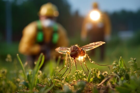 Mosquito Hovering in Air with Translucent Wings Under Bright Light Background