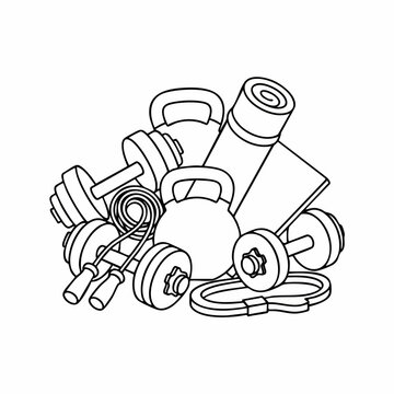 Set of various gym equipment for home workout coloring page.
