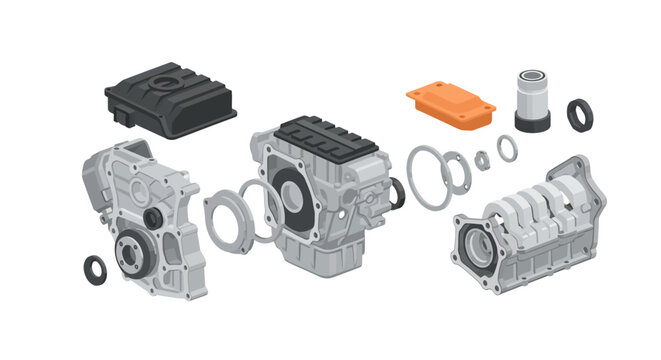 Exploded view of a vehicle transmission component set with gears and seals. EPS Editable. Vector Illustrations.