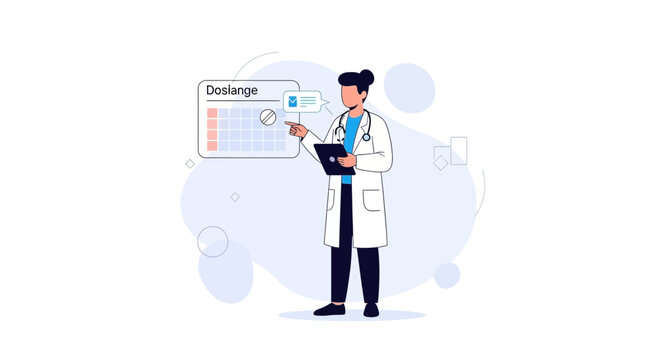 Doctor points to dosage schedule on tablet, medical consultation concept