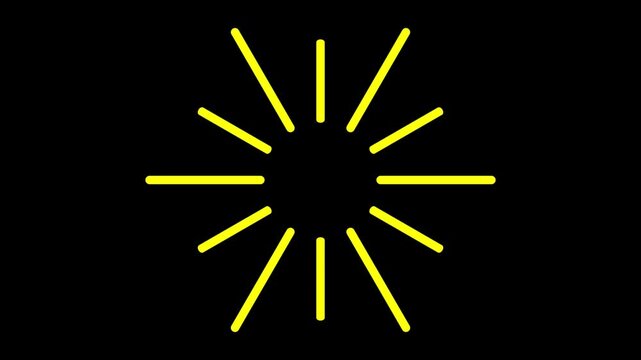 Minimalist yellow radial burst lines rotating on a black background. Bright sunburst element for loading icons or motion accents.