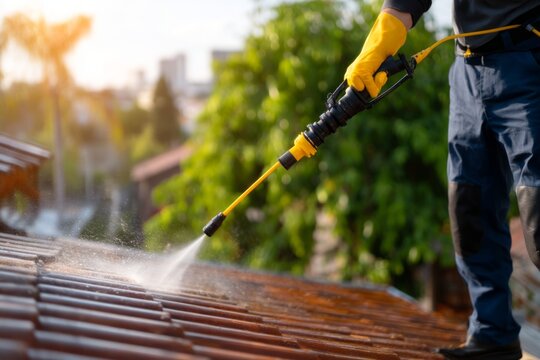 Professional Rooftop Cleaning Process in Soft Morning Light with Water Spray