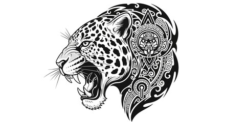 Powerful roaring jaguar head with intricate tribal patterns and ancient cultural motifs. © Kelik