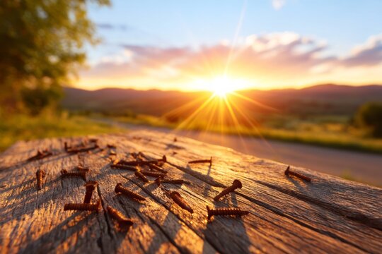 Rustic Iron Nails Embedded in Wooden Plank Under Golden Sunset Light