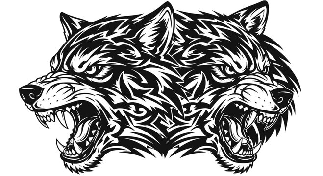 Two aggressive wolf heads with tribal tattoo design.