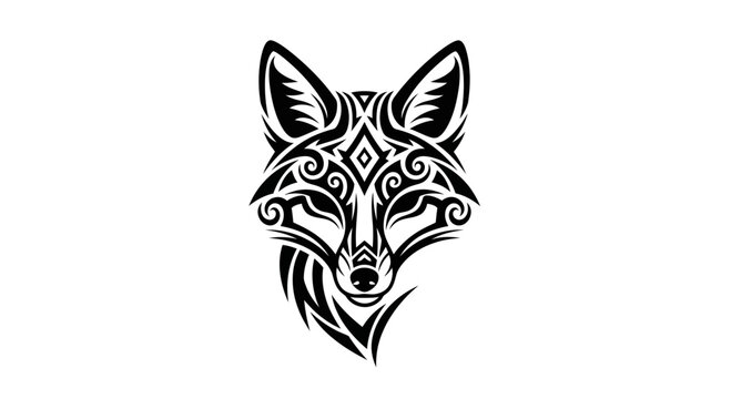 Stylized tribal fox head illustration with intricate patterns and symmetrical design.