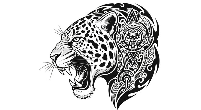 Powerful roaring jaguar head with intricate tribal patterns and ancient cultural motifs.
