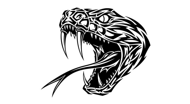 Striking tribal snake head with open mouth fangs and forked tongue.