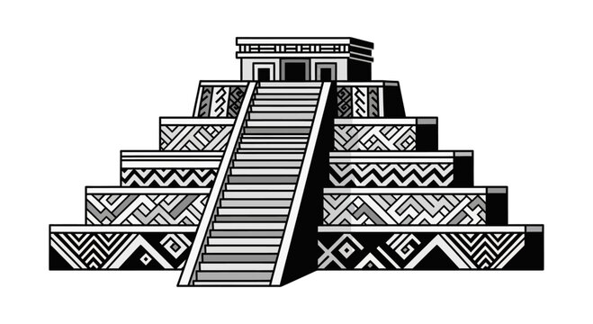 Ancient Mayan pyramid temple with intricate patterns and grand staircase.