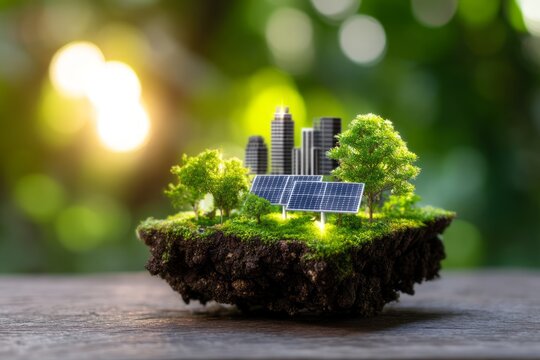 Tiny Sustainable City Model Built on 3D Clay Earth with Solar Panels and Greenery