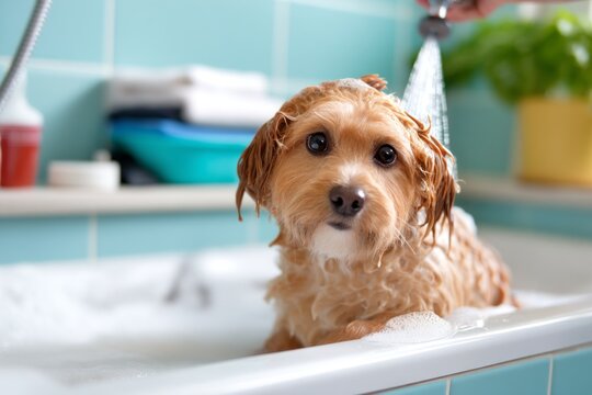 Gentle Dog Wash at Veterinary Grooming Station with Happy Pet Enjoying Bathing Experience