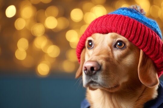 Charming Dog in Winter Outfit Under Warm Lights, Emanating Cozy Vibes for Portrait Photography