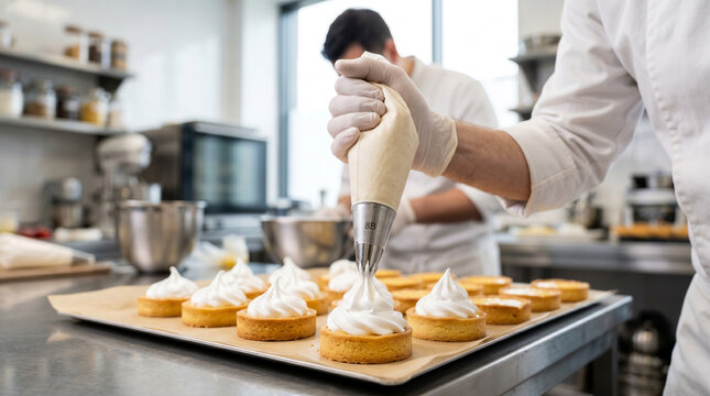 Chef piping cream on tarts, Professional bakery kitchen scene, Pastry chef decorating lemon tarts